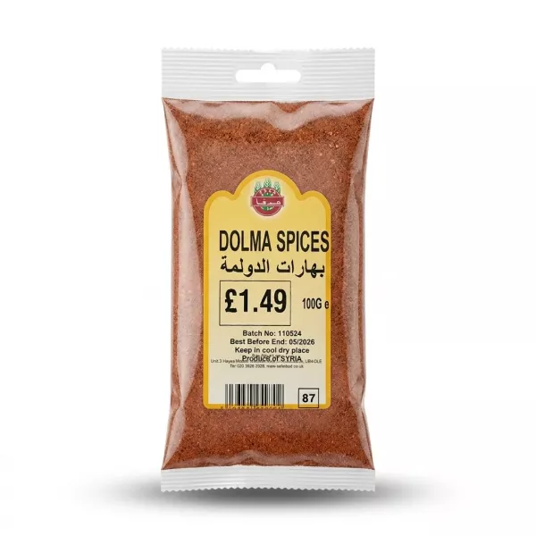 Enhanced Hand holding a 100g pack of Safe Dolma Spices with clear packaging and visible price label