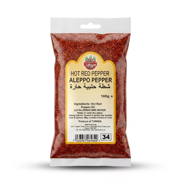 Enhanced Front of Safa Hot Red Aleppo Pepper 100g pack showing label and ingredients