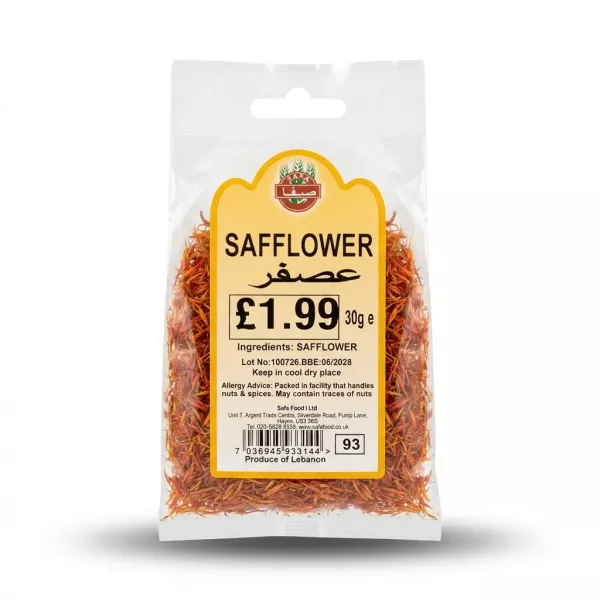 Enhanced Front of Safa Safflower 30g pack with product and price label