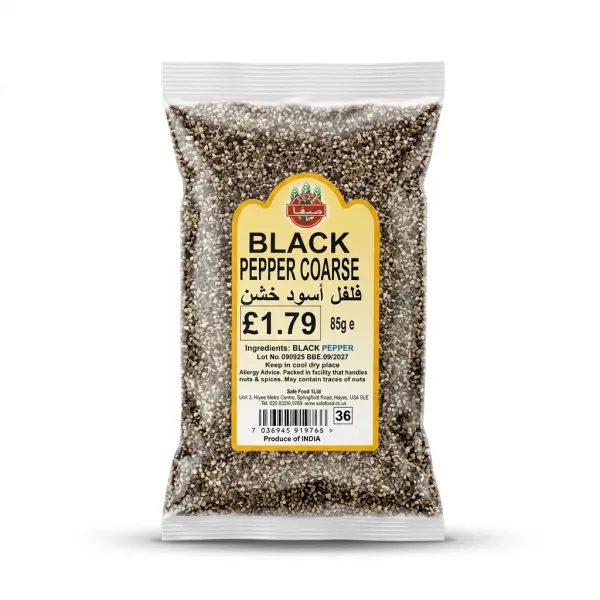 Enhanced A hand holding an 85g pack of Safa Black Pepper Coarse with price and product details visible