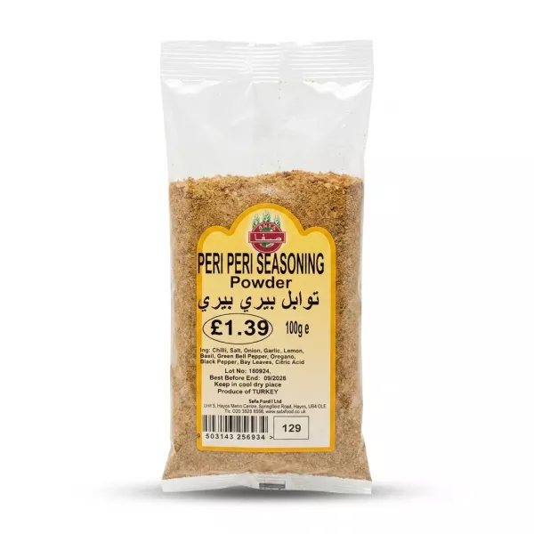 Enhanced Front view of Safa Peri Peri Seasoning Powder 100g in plastic packaging