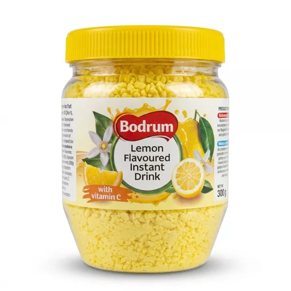 Enhanced Hand holding Bodrum Lemon Flavoured Instant Drink 300g jar close-up