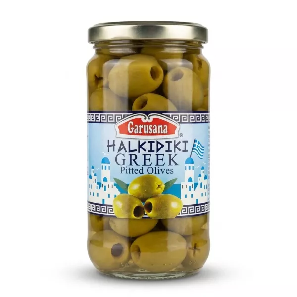 Enhanced Front label of Garusana Halkidiki Greek Pitted Olives jar