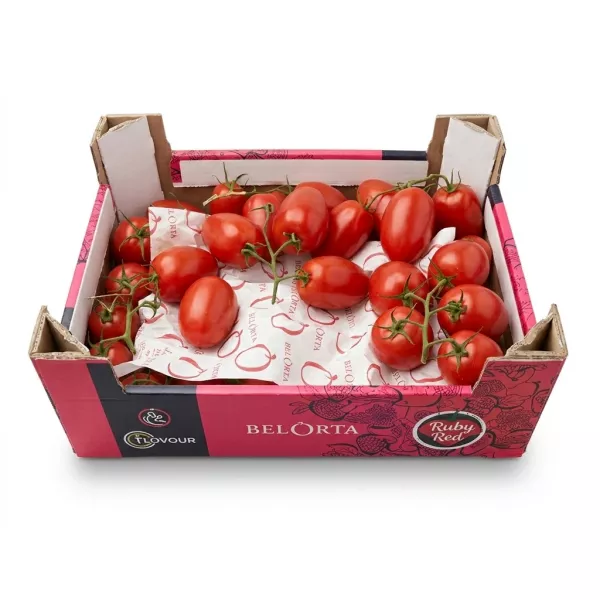 Enhanced Box of BelOrta Ruby Red plum tomatoes on display