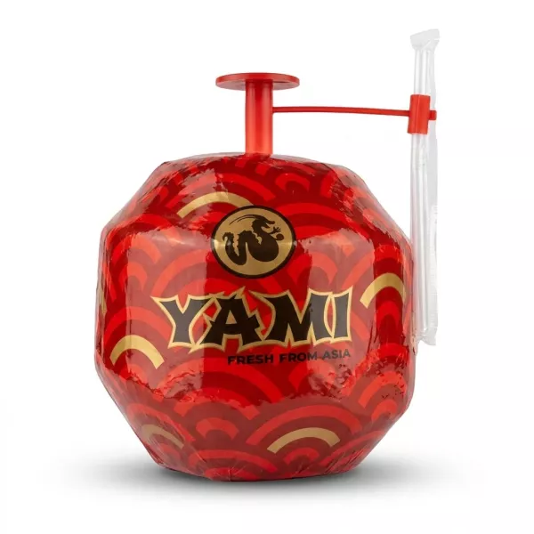Enhanced Front view of YAMI Fresh Coconut with red packaging and attached straw