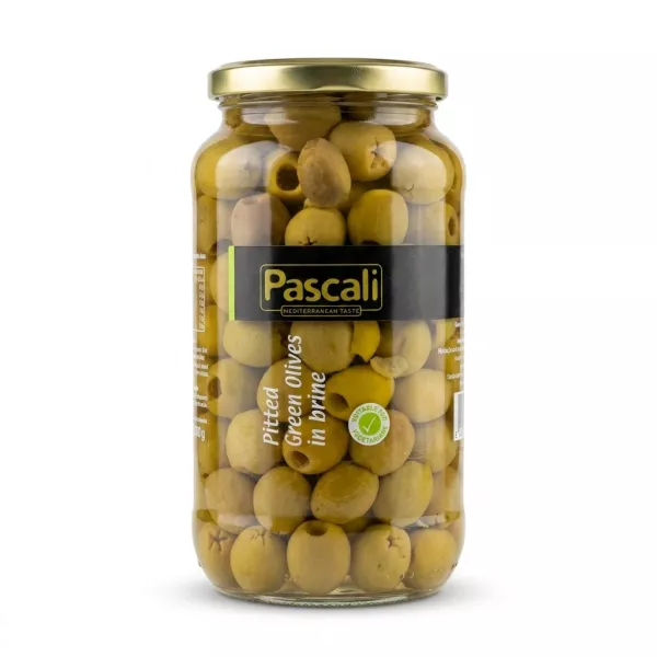 Enhanced Front view of Pascali Pitted Green Olives in Brine jar
