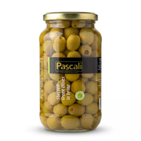 Enhanced Front view of Pascali Stuffed Green Olives jar with label