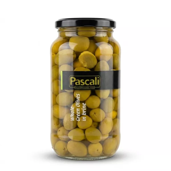 Enhanced Front of Pascali Whole Green Olives in Brine jar held in hand