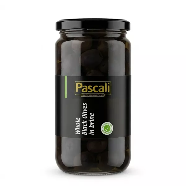 Enhanced Front of Pascali Whole Black Olives in Brine jar