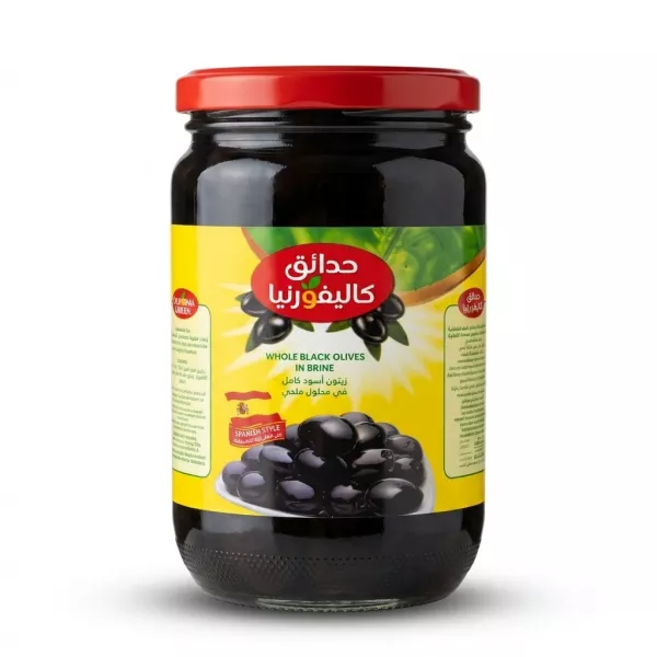 Enhanced Front of California Garden Whole Black Olives Spanish Style jar