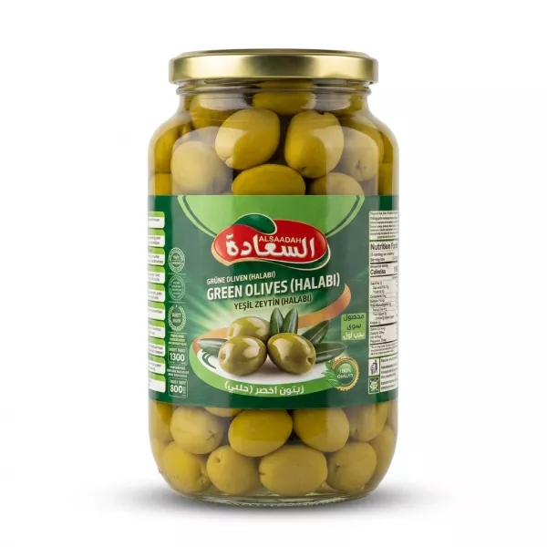 Enhanced Front view of Alsaadah Green Olives Halabi large glass jar