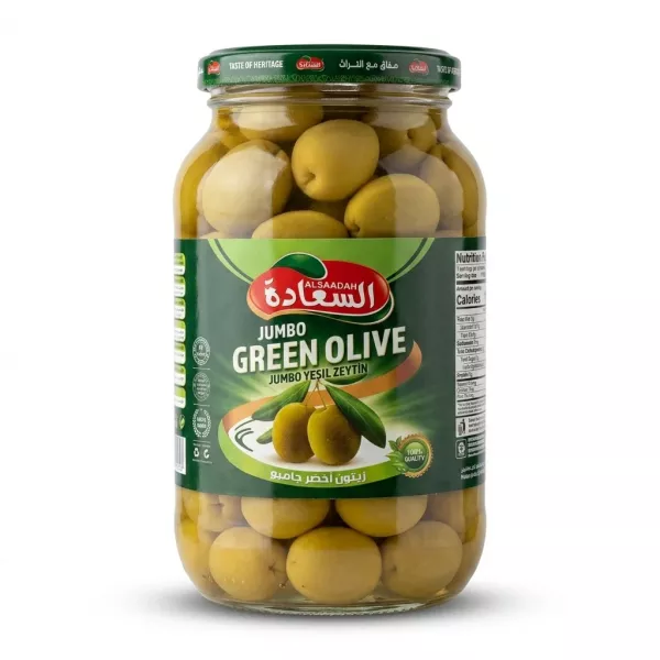 Enhanced Front view of Alsaadah Jumbo Green Olive 1350g jar in hand