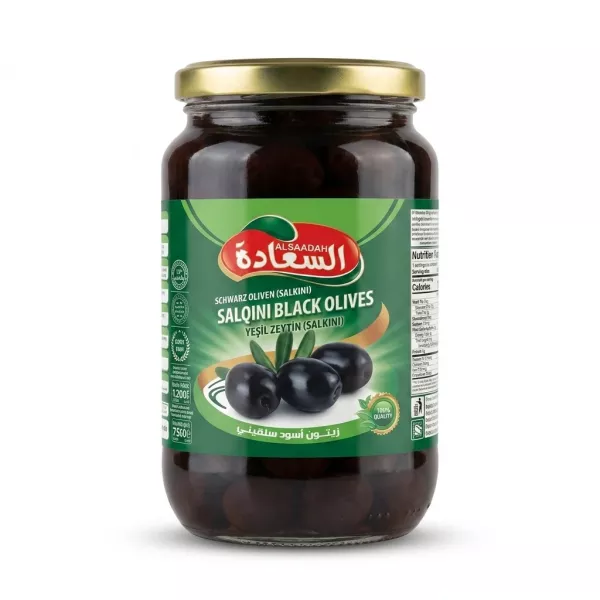 Enhanced Front of Alsaadah Salqini Black Olives jar with green label