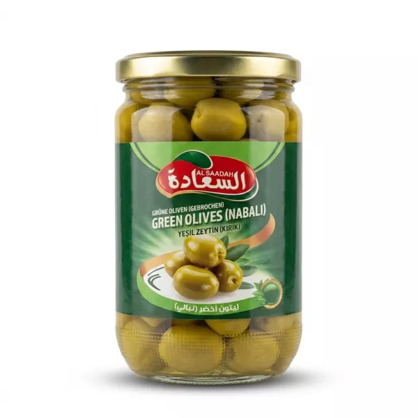Enhanced Front view of a jar of Al Saadah Green Olives Nabali