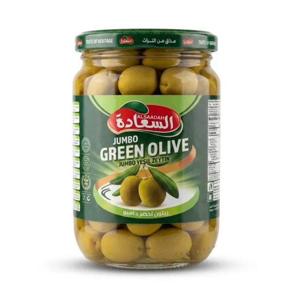 Enhanced Front view of Alsaadah Jumbo Green Olive jar