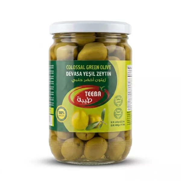 Enhanced Front view of Teeba Colossal Green Olive jar with label