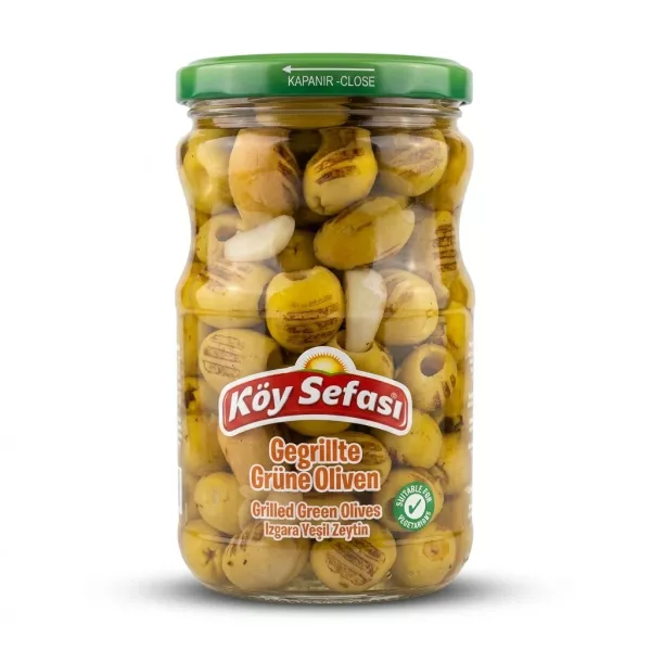 Enhanced Front view of Köy Sefası Grilled Green Olives jar 660g in hand