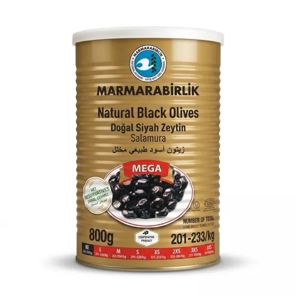 Enhanced Front of Marmarabirlik Natural Black Olives Mega tin