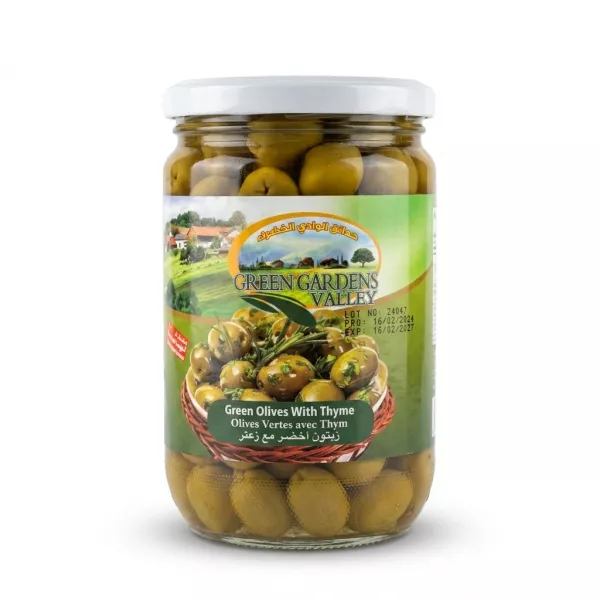 Enhanced Front view of Green Gardens Valley Green Olives With Thyme jar