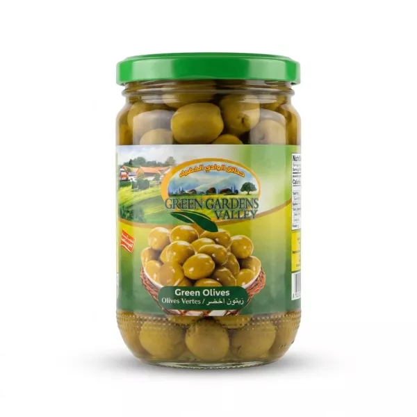Enhanced Front view of Green Gardens Valley Green Olives jar, 640g with green lid