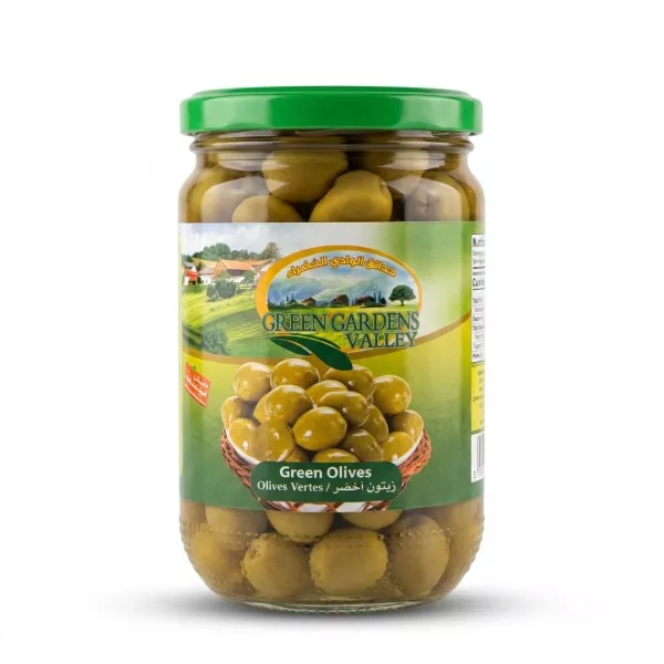 Enhanced Front view of Green Gardens Valley Green Olives 640g jar