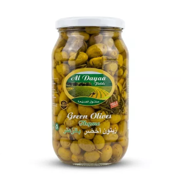 Enhanced Front of Al Dayaa Fields Green Olives with Thyme jar showing label and olives