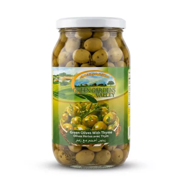 Enhanced Front view of Green Gardens Valley Green Olives With Thyme 1kg jar