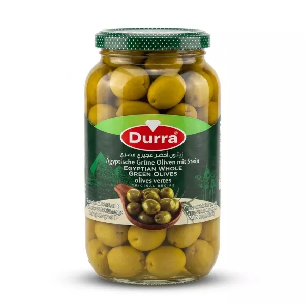 Enhanced Front of Durra Egyptian Whole Green Olives jar
