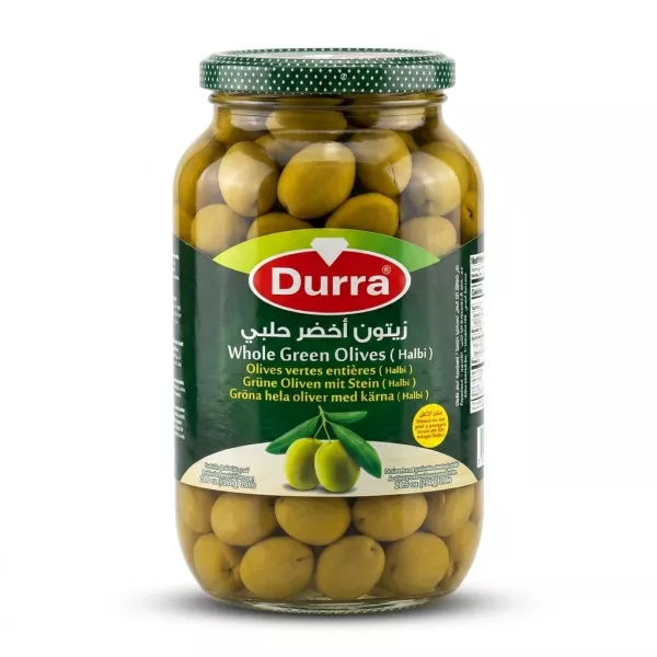 Enhanced Front view of Durra Whole Green Olives Halbi jar