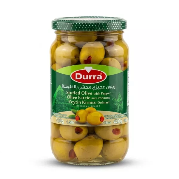 Enhanced Front view of Durra Stuffed Olive with Pepper jar 700g