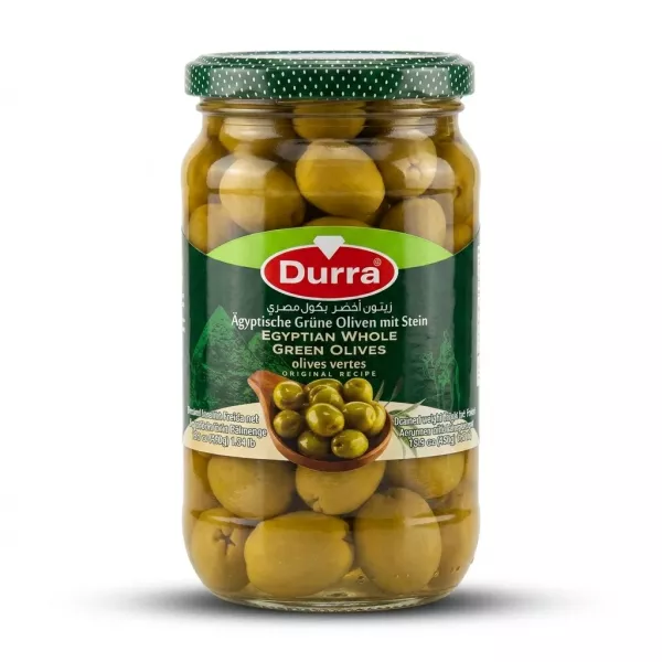 Enhanced Front view of Durra Egyptian Whole Green Olives jar 1450g