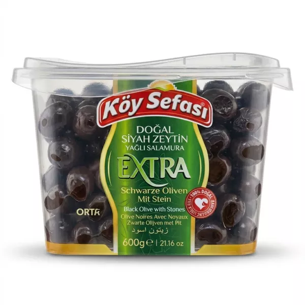 Enhanced Angled view of Köy Sefası Extra Black Olives 600g