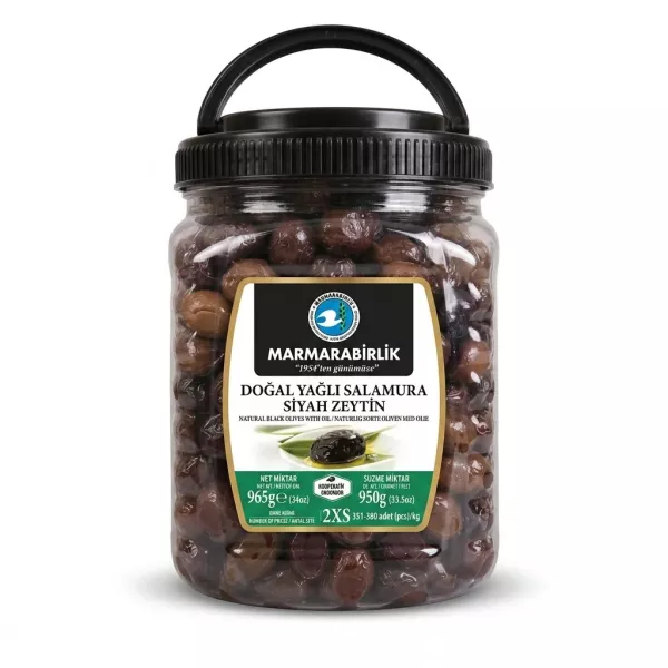 Enhanced Front view of Marmarabirlik Natural Black Olives 965g jar