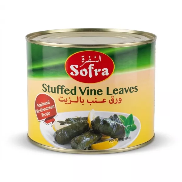 Enhanced Large tin of Sofra Stuffed Vine Leaves on the shelf
