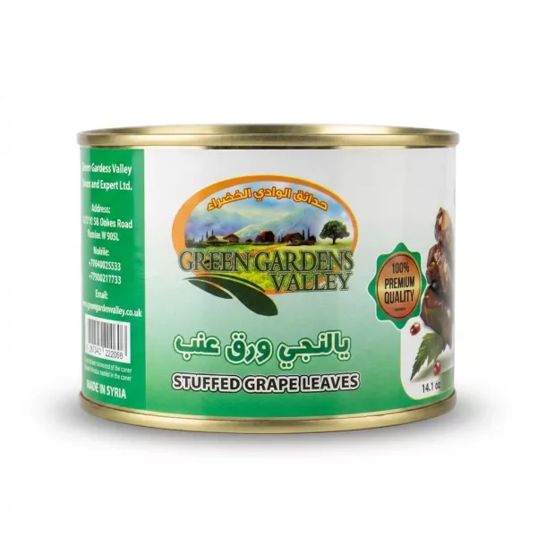Enhanced Front label of Green Gardens Valley stuffed grape leaves can in hand