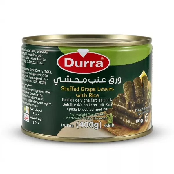 Enhanced Front view of Durra Stuffed Grape Leaves with Rice 400g tin in hand