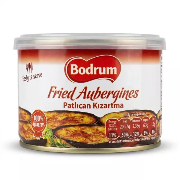 Enhanced Hand holding a can of Bodrum Fried Aubergines in a supermarket aisle