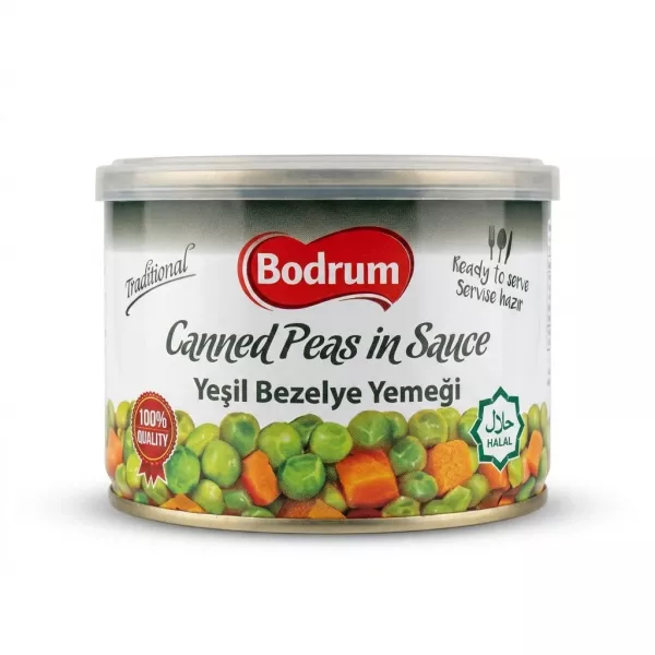 Enhanced Front view of Bodrum Canned Peas in Sauce 400g tin