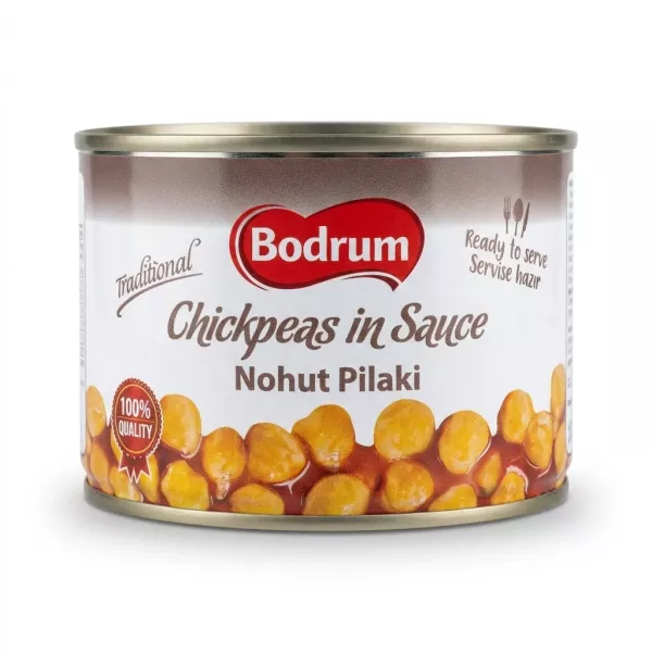 Enhanced Front view of Bodrum Chickpeas in Sauce tin held in hand