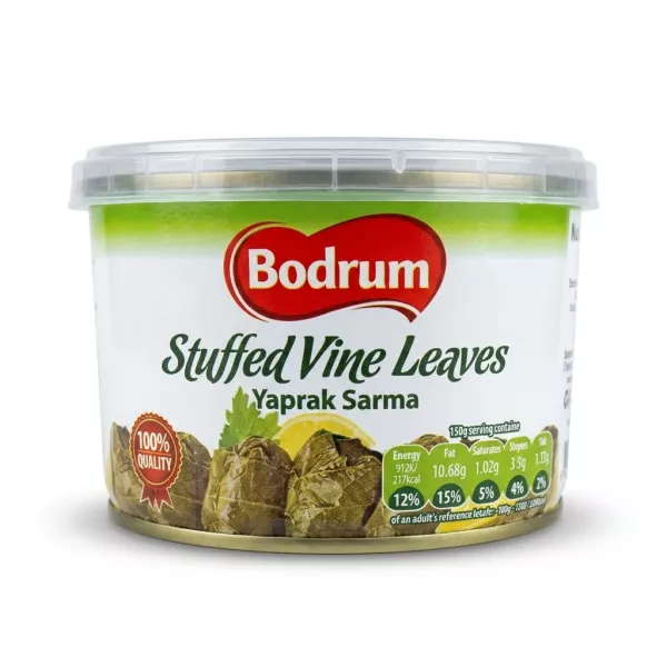 Enhanced Front view of Bodrum Stuffed Vine Leaves 400g tub held in hand