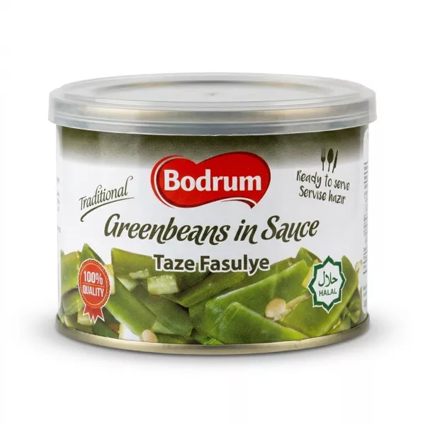 Enhanced Front view of Bodrum Greenbeans in Sauce tin 400g halal ready meal