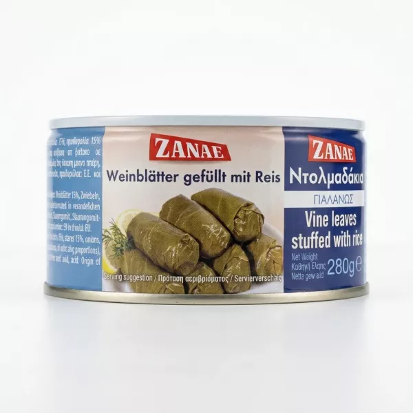 Enhanced Front view of Zanae Dolmades vine leaves stuffed with rice can
