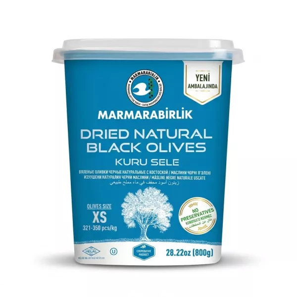 Enhanced Front of a Marmarabirlik Dried Natural Black Olives XS 800g container