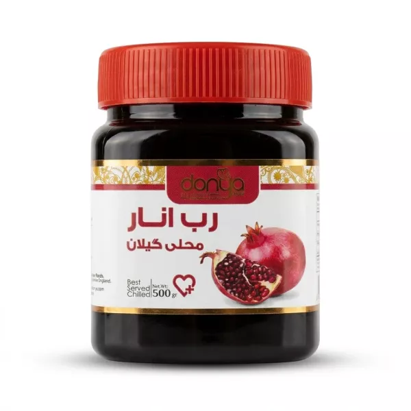 Enhanced Front label of Donya Pomegranate Paste 500g jar with red lid and pomegranate graphic