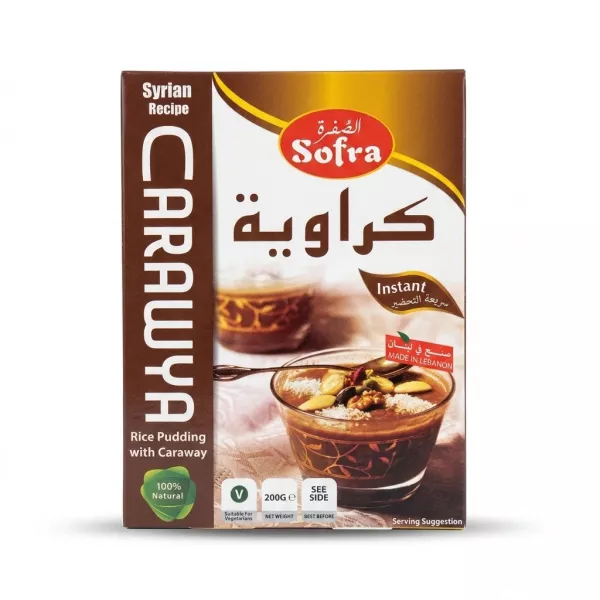 Enhanced Front of Sofra Carawya Rice Pudding with Caraway 200g box showing product and serving suggestion