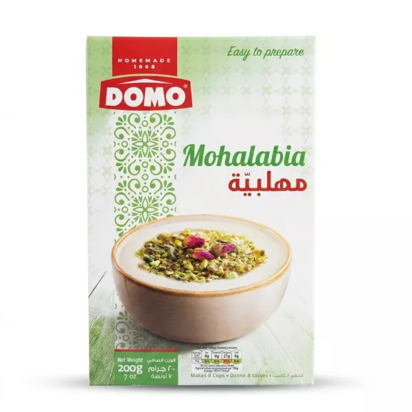 Enhanced Front of Domo Mohalabia Dessert Mix 200g box showing serving suggestion