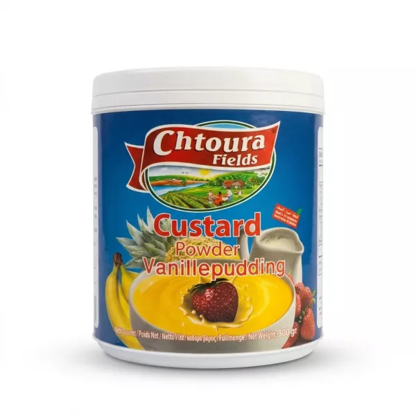 Enhanced Chtoura Fields Custard Powder Vanilla 300g tub held in hand front view