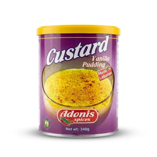 Enhanced Front view of Adonis Spices Custard Vanilla Pudding 340g tub held in hand