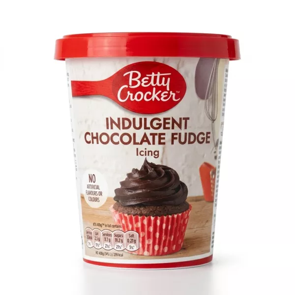 Enhanced Betty Crocker Indulgent Chocolate Fudge Icing 400g front packaging
