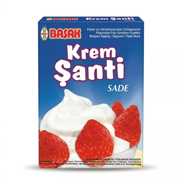 Enhanced Basak Krem Şanti Sade whipped topping box front with strawberries